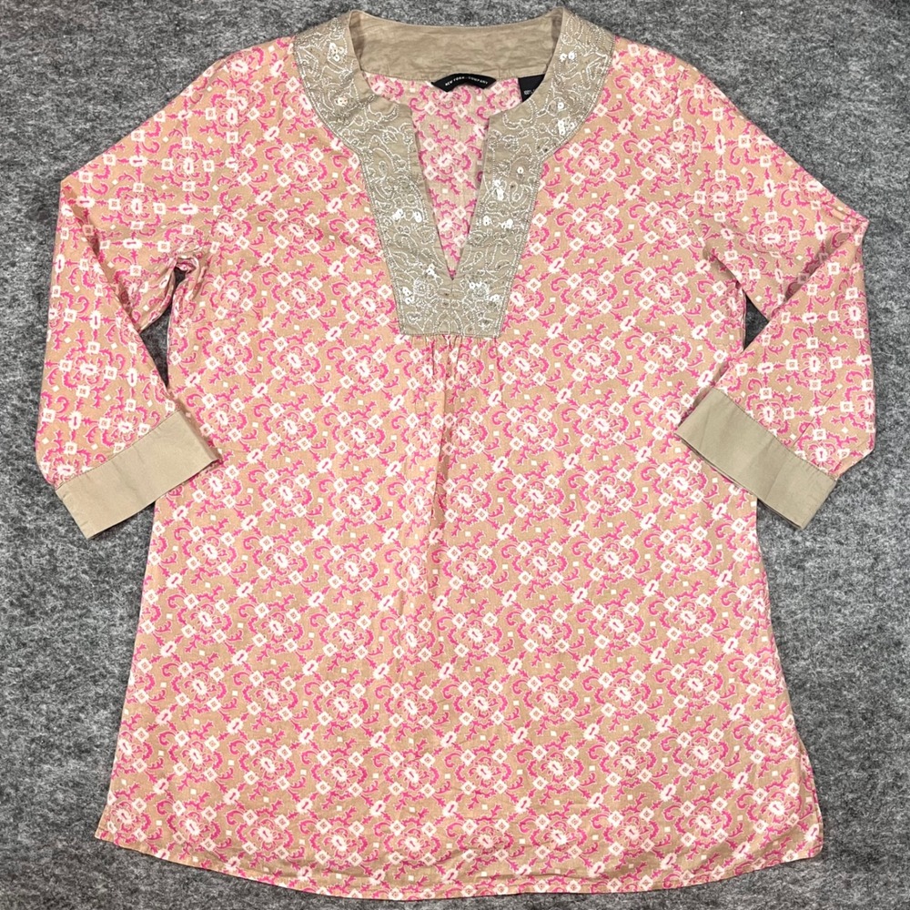 New York & Company Tunic Top Women S Sequins Pink 100% Cotton Boho Resort Casual